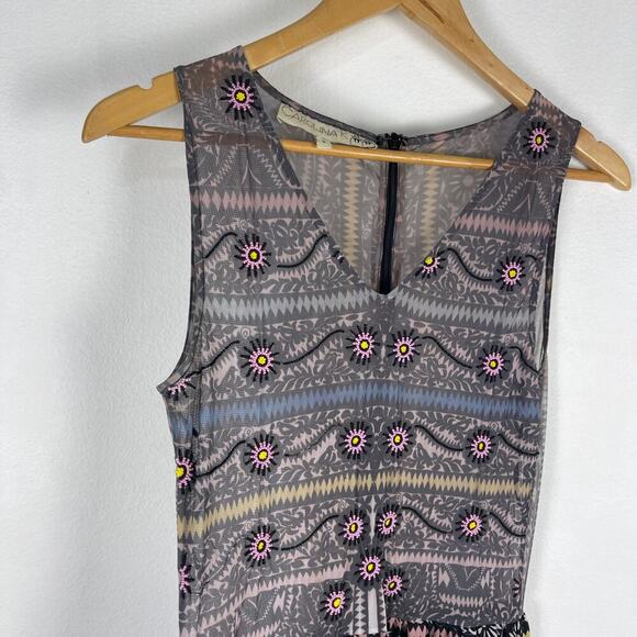 Carolina K Black Printed Sheer Bodice Beaded Silk Aztec Floral Maxi Dress Small - Picture 5 of 16